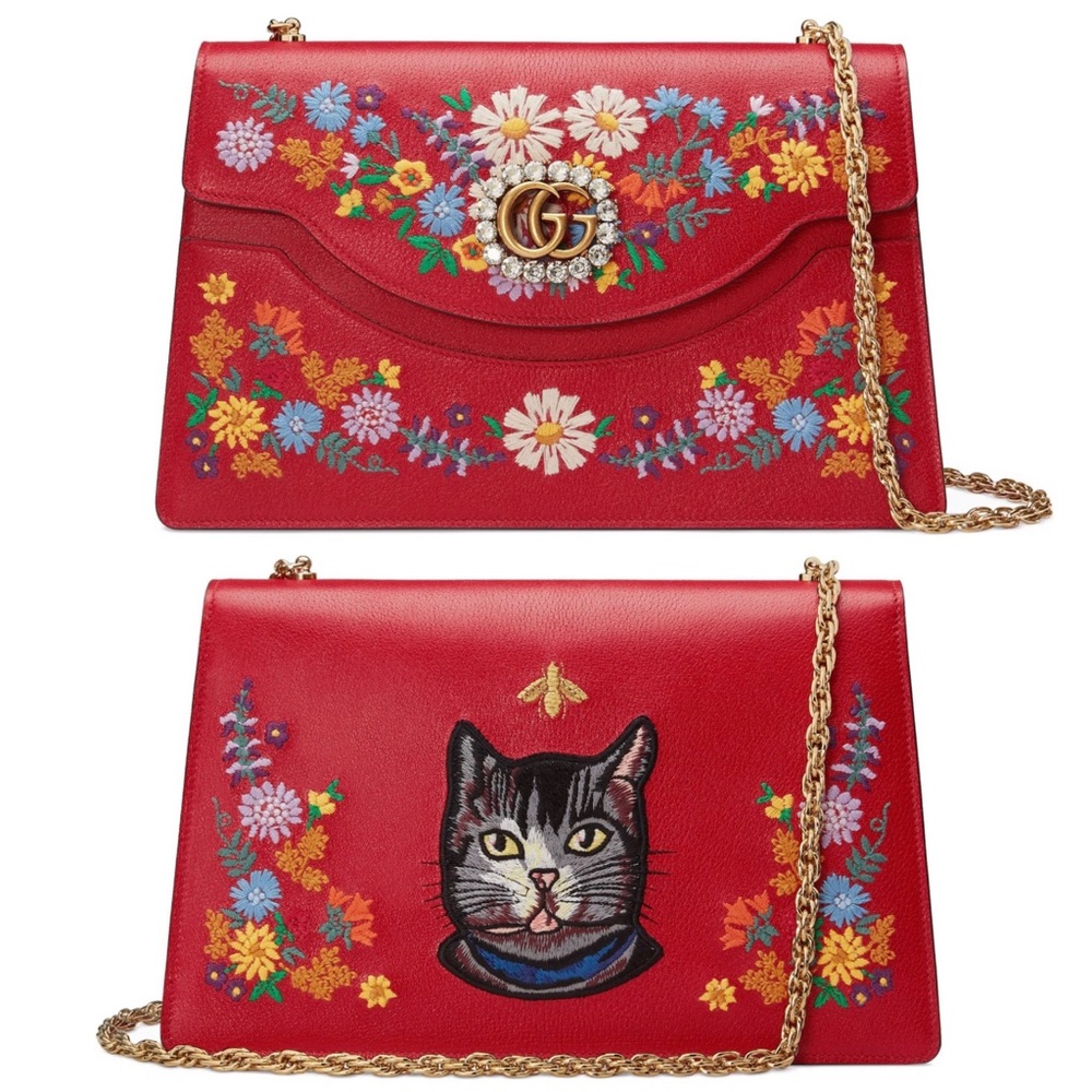 NEW Gucci GG Marmont Large Linea Ricami Floral Cat Crystal Leather Shoulder Bag